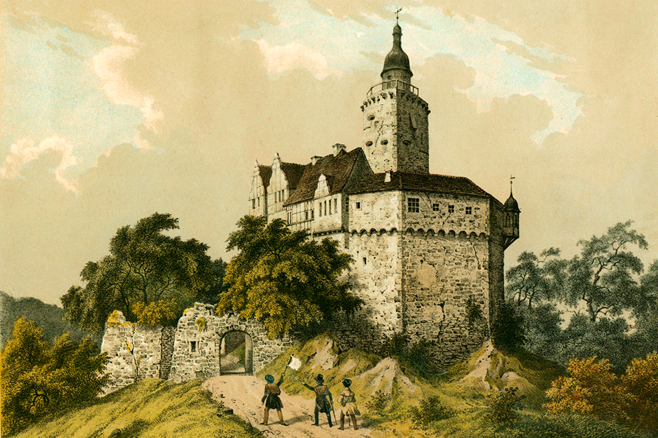 Ansicht des Falkenstein um 1840 – Druckgrafik von L. E. Lütke, Foto: © Kulturstiftung Sachsen-Anhalt