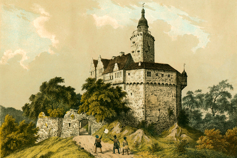 Ansicht des Falkenstein um 1840, Foto: © Kulturstiftung Sachsen-Anhalt Ansicht des Falkenstein um 1840 – Druckgrafik von L. E. Lütke, Foto: © Kulturstiftung Sachsen-Anhalt