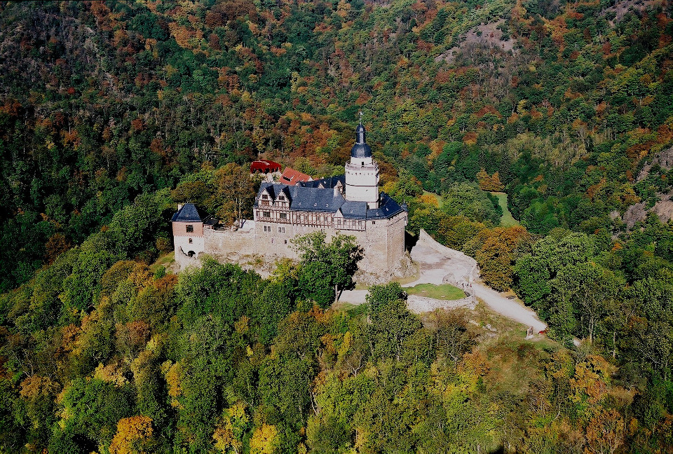 Aerial view of an autumnal Falkenstein Castle